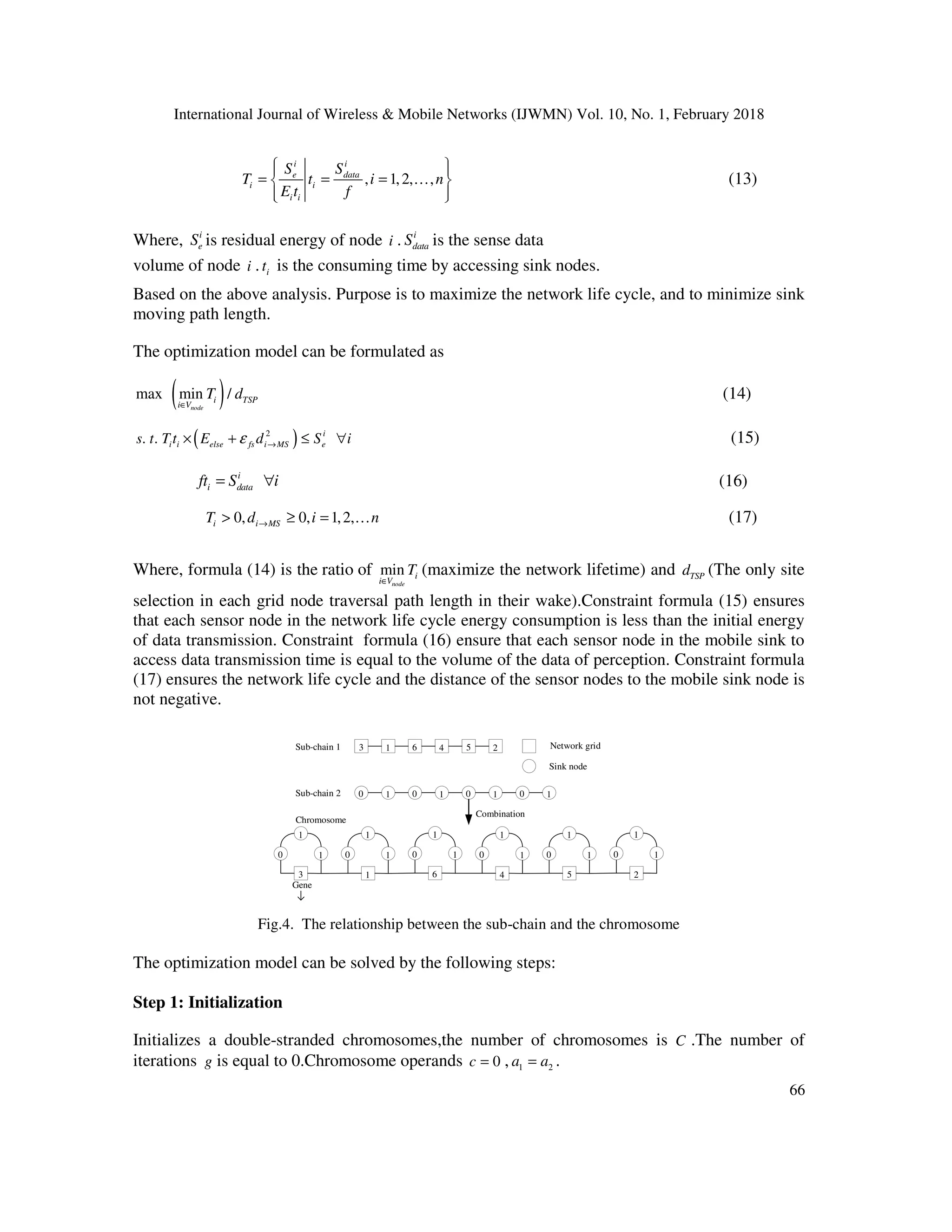 International Journal of Wireless & Mobile Networks (IJWMN) Vol. 10, No. 1, February 2018 66 , 1,2, , i i e data i i i i S S T t i n E t f    = = =     K (13) Where, i eS is residual energy of node i . i dataS is the sense data volume of node i . it is the consuming time by accessing sink nodes. Based on the above analysis. Purpose is to maximize the network life cycle, and to minimize sink moving path length. The optimization model can be formulated as ( )max min / node i TSP i V T d ∈ (14) ( )2 . . i i i else fs i MS es t T t E d S iε →× + ≤ ∀ (15) i i dataft S i= ∀ (16) 0, 0, 1,2,i i MST d i n→> ≥ = K (17) Where, formula (14) is the ratio of min node i i V T ∈ (maximize the network lifetime) and TSPd (The only site selection in each grid node traversal path length in their wake).Constraint formula (15) ensures that each sensor node in the network life cycle energy consumption is less than the initial energy of data transmission. Constraint formula (16) ensure that each sensor node in the mobile sink to access data transmission time is equal to the volume of the data of perception. Constraint formula (17) ensures the network life cycle and the distance of the sensor nodes to the mobile sink node is not negative. 3 1 6 4 5 2 1 00 1 1 00 1 Network grid Sink node Combination 0 1 1 1 0 1 1 6 0 1 1 4 0 1 1 5 0 1 1 2 0 1 1 3 Gene Sub-chain 1 Sub-chain 2 Chromosome Fig.4. The relationship between the sub-chain and the chromosome The optimization model can be solved by the following steps: Step 1: Initialization Initializes a double-stranded chromosomes,the number of chromosomes is C .The number of iterations g is equal to 0.Chromosome operands 0c = , 1 2a a= . 