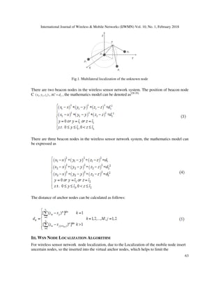 International Journal of Wireless & Mobile Networks (IJWMN) Vol. 10, No. 1, February 2018
63
p
1p
2p
3p
4p
X
Y
Z
Fig.1. Multilateral localization of the unknown node
There are two beacon nodes in the wireless sensor network system. The position of beacon node
C 2 2 2( , , )x y z , 2AC d= , the mathematics model can be denoted as[28-29].
There are three beacon nodes in the wireless sensor network system, the mathematics model can
be expressed as
The distance of anchor nodes can be calculated as follows:
III. WSN NODE LOCALIZATION ALGORITHM
For wireless sensor network node localization, due to the Localization of the mobile node insert
uncertain nodes, so the inserted into the virtual anchor nodes, which helps to limit the
 