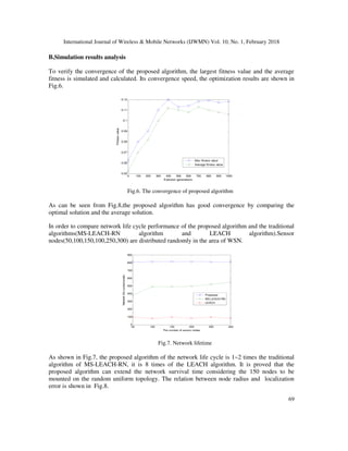 International Journal of Wireless & Mobile Networks (IJWMN) Vol. 10, No. 1, February 2018
69
B.Simulation results analysis
To verify the convergence of the proposed algorithm, the largest fitness value and the average
fitness is simulated and calculated. Its convergence speed, the optimization results are shown in
Fig.6.
Fig.6. The convergence of proposed algorithm
As can be seen from Fig.8,the proposed algorithm has good convergence by comparing the
optimal solution and the average solution.
In order to compare network life cycle performance of the proposed algorithm and the traditional
algorithms(MS-LEACH-RN algorithm and LEACH algorithm).Sensor
nodes(50,100,150,100,250,300) are distributed randomly in the area of WSN.
Fig.7. Network lifetime
As shown in Fig.7, the proposed algorithm of the network life cycle is 1~2 times the traditional
algorithm of MS-LEACH-RN, it is 8 times of the LEACH algorithm. It is proved that the
proposed algorithm can extend the network survival time considering the 150 nodes to be
mounted on the random uniform topology. The relation between node radius and localization
error is shown in Fig.8.
0 100 200 300 400 500 600 700 800 900 1000
0.05
0.06
0.07
0.08
0.09
0.1
0.11
0.12
Evolution generations
Fitnessvalue
Max fitness value
Average fitness value
50 100 150 200 250 300
0
100
200
300
400
500
600
700
800
900
The number of sensor nodes
Networklifecycle(rounds)
Proposed
MS-LEACH-RN
LEACH
 
