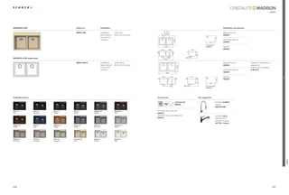 MADISON
                                                                                                                                                                                                                                                                    classic




MADISON N-200                                       Article no.                 Installation                                                                                                                       Installation accessories




                                                                                                                              101,6
                                                                                                                              101,6
                                                                                                                              101,6
                                                    MDN N 200                   Installation:   topmount                                                                                                           Manual drain kit




                                                                                                                         55
                                                                                Base Cabinet:   90cm / 35.43 inches                                                                                                629354




                                                                                                                                                                                          R1
                                                                                Corner Unit:    –




                                                                                                                                                                                                         539
                                                                                                                                                                                             0
                                                                                                                                                     558,8
                                                                                Handing:        –                                                                                                                  Automatic drain kit
                                                                                                                                                                                                 818               629349
                                                                                                                                                                                          For topmount
                                                                                                                                 838,2                                                    installation             Syphon
                                                                                                                         369,8        369,8                          416
                                                                                                                                                                                                                   629229




                                                                                                                                         241




                                                                                                                                                                           349
MADISON N-200 undermount                                                                                                      838,2

                                                    MDN N 200 U                 Installation:   undermount                                                                                                         Manual drain kit           Clamps for substructure
                                                                                Base Cabinet:   90cm / 35.43 inches                                                                                                629354                     required for




                                                                                                                                                             469,9
                                                                                Corner Unit:    –                                                                                                                                             undermount installation
                                                                                Handing:        –                                                                                                                  Automatic drain kit        6.3016 / 8
                                                                                                                                  838,2
                                                                                                                                                                                                                   629349

                                                                                                                                                                     416                                           Syphon




                                                                                                                                                                                                                                                                              Trend
                                                                                                                          369,8            369,8




                                                                                                                                                                                          R2
                                                                                                                                                                                                                   629229




                                                                                                                                                                                                          432
                                                                                                                                                                                           8
                                                                                                                                               241




                                                                                                                                                                            349
                                                                                                                                                                                                 786

                                                                                                                                                                                         For undermount
                                                                                                                                                                                         installation




Available colours                                                                                                     Accessories                                                 Tap suggestion

                                                                                                                                                       comfotouch                                        SCHOCK KARPO
                                                                                                                                                       629830                                            chrome
                                                                                                                                                                                                         593120 CHR

Nero (13)           Lava (40)    Onyx (10)      Inox (12)         Titanium (50)                 Mocha (63)            SCHOCK Easy Care Set
Solid               Structured   Metallic       Metallic          Metallic                      Solid                 629018
                                                                                                                      SCHOCK Easy Care Brightener                                                        SCHOCK PILA
                                                                                                                      629019
                                                                                                                                                                                                         with pull-out spout
                                                                                                                                                                                                         541120 + colour
Copper (09)         Aqua (05)    Cayenne (11)   Croma (49)        Arena (47)                    Alumina (04)
Metallic            Solid        Metallic       Metallic          Structured                    Metallic




Sabbia (58)         Terra (38)   Pera (56)      Colorado (08)     Pietra (60)                   Alpina (07)
Structured          Structured   Structured     Solid             Metallic                      Solid




                                                                                                                                                                                                                                                                                      MADISON
226                                                                                                                                                                                                                                                                     227
 