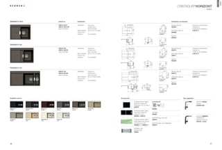 HORIZONT
                                                                                                                                                                                                                                                                                                               Premium
                                                                                                                                                                                                                                                      CRISTADUR® HORIZONT
                                                                                                                                                                                                                                                                                                    modern




HORIZONT D-100 S                                         Article no.                Installation                                                                                                                                             Installation accessories

                                                         HON D 100 S                Installation:   topmount,                        120125 102,5                                                                     400                    Manual drain kit                  Clamps for substructure




                                                                                                                               38
                                                         HON D 100 S FB                             undermount,                                                                                                                              629395                            required for




                                                                                                                                                                                                                             480
                                                         (ﬂush mounted)                             ﬂush mounted                                                                                                                                                               undermount installation




                                                                                                                                                                                                            0
                                                                                                                                                                                                           R1
                                                                                                                                                           500
                                                                                    Base Cabinet:   40 cm / 15.75 inches                                                                                             660     14
                                                                                                                                                                                                                                             Automatic drain kit               6.3016 / 4
                                                                                    Corner Unit:    –                                                                                                      For topmount
                                                                                                                                                                                                                                             629368
                                                                                    Handing:        not reversible                                                                                         installation
                                                                                                                                    680
                                                                                                                                                                                                                                             Syphon
                                                                                                                                           310                                         381                                                   629229




                                                                                                                                                                                                                             486
                                                                                                                                                                                                                 0




                                                                                                                                         195
                                                                                                                                                                                                            R1




                                                                                                                                                                                             305
                                                                                                                                                                                                                 666
                                                                                                                                                           14
HORIZONT D-100                                                                                                                             400                                                             For undermount
                                                                                                                                                                                                           installation

                                                         HON D 100                  Installation:   topmount,                             120 125 102,5                                                                400                   Manual drain kit                  Clamps for substructure




                                                                                                                                    38
                                                         HON D 100 FB                               undermount,                                                                                                                              629370                            required for




                                                                                                                                                                                                                                 480
                                                                                                                                                                                                              0
                                                         (ﬂush mounted)                             ﬂush mounted                                                                                            R1                                                                 undermount installation




                                                                                                                                                             500
                                                                                    Base Cabinet:   40 cm / 15.75 inches                                                                                                                     Automatic drain kit               6.3016 / 6
                                                                                                                                                                                                                     760         14
                                                                                    Corner Unit:    –                                                                                                                                        629371
                                                                                                                                                                                                           For topmount
                                                                                    Handing:        not reversible                                                                                         installation
                                                                                                                                     780
                                                                                                                                                                                                                                             Syphon
                                                                                                                                                310                                    381                                                   629229




                                                                                                                                                                                                                              486
                                                                                                                                                                                                                 0
                                                                                                                                                                                                            R1




                                                                                                                                               195




                                                                                                                                                                                             305
                                                                                                                                                                                                                     766
                                                                                                                                                             14
HORIZONT D-150                                                                                                                                 400                                                         For undermount
                                                                                                                                                                                                           installation

                                                                                    Installation:   topmount,                                    120 120 12073                                                             600
                                                         HON D 150                                                                                                                                                                           Manual drain kit                  Clamps for substructure




                                                                                                                                          39
                                                         HON D 150 FB                               undermount                                                                                                                               629372                            required for




                                                                                                                                                                                                                                       480
                                                         (ﬂush mounted)                             ﬂush mounted                                                                                            R10
                                                                                                                                                                                                                                                                               undermount installation




                                                                                                                                                                       500
                                                                                    Base Cabinet:   60 cm / 23.62 inches                                                                                             980              15,5
                                                                                                                                                                                                                                             Automatic drain kit               6.3016 / 6
                                                                                    Corner Unit:    –                                                                                                      For topmount                      629373
                                                                                    Handing:        not reversible                                                                                         installation
                                                                                                                                          1000
                                                                                                                                                                                                                                             Syphon
                                                                                                                                                 353             150                 380                                                     629229




                                                                                                                                                                                                                                      486
                                                                                                                                                                 120
                                                                                                                                                     195
                                                                                                                                                                                                            R10




                                                                                                                                                                              305
                                                                                                                                                                                                                      986
                                                                                                                                                                       15,5                                For undermount
                                                                                                                                                       600
                                                                                                                                                                                                           installation




Available colours                                                                                                          Accessories                                                                                                                             Tap suggestion

                                                                                                                                                                 Chopping board, glass,        comfotouch                                                                           SCHOCK PIEGA
                                                                                                                                                                 black (one-piece) for                                                                                              chrome
                                                                                                                                                                 Horizont D-100, D-100 S                                                                                            547000 CHR
                                                                                                                                                                 629076
Magma (97)          Carbonium (90)   Marone (93)     Stone (88)           Bronze (87)               Oriental (96)                                                                              629830
Metallic            Metallic         Metallic        Metallic             Metallic                  Metallic
                                                                                                                                                                 Chopping board, glass,
                                                                                                                                                                 black (two-piece) for         LED light
                                                                                                                                                                 Horizont D-150                629024
                                                                                                                                                                 629064 + 629075                                                                                                    SCHOCK NIMBUS
                                                                                                                                                                                               SCHOCK Easy Care Set                                                                 CRISTADUR®
Lucida (95)         Avorio (92)      Magnolia (89)   Polaris (99)                                                                                                Chopping board, glass,        629018                                                                               with pull-out spout
Metallic            Solid            Solid           Solid
                                                                                                                                                                 white / green (two-piece)                                                                                          523120 + colour
                                                                                                                                                                 for Horizont D-150            SCHOCK Easy Care Brightener
                                                                                                                                                                 629064 / 1 + 629075 / 1       629019

                                                                                                                                                                 Stainless steel
                                                                                                                                                                 strainer bowl
                                                                                                                                                                 629051




36                                                                                                                                                                                                                                                                                                        37
 