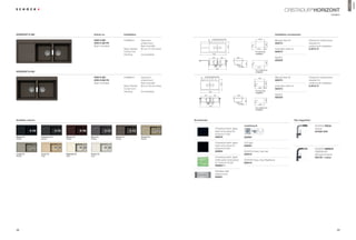 HORIZONT
                                                                                                                                                                                                                                                                                             Premium
                                                                                                                                                                                                                                    CRISTADUR® HORIZONT
                                                                                                                                                                                                                                                                                  modern




HORIZONT D-200                                           Article no.                Installation                                                                                                                           Installation accessories
                                                                                                                                                  120120120 120 (160)                                          800




                                                                                                                                           39
                                                         HON D 200                  Installation:   topmount,                                                                                                              Manual drain kit                  Clamps for substructure
                                                         HON D 200 FB                               undermount,                                                                                                            629372                            required for




                                                                                                                                                                                                                     480
                                                                                                                                                                                              R  10
                                                         (ﬂush mounted)                             ﬂush mounted                                                                                                                                             undermount installation




                                                                                                                                                                        500
                                                                                    Base Cabinet:   80 cm / 31.50 inches                                                                               1140          10    Automatic drain kit               6.3016 / 8
                                                                                    Corner Unit:    –                                                                                                 For topmount         629373
                                                                                    Handing:        not reversible                                1160                                                installation

                                                                                                                                                  352            352          380                                          Syphon
                                                                                                                                                                                                                           629229




                                                                                                                                                  195



                                                                                                                                                               195




                                                                                                                                                                                                                     486
                                                                                                                                                                                                  0
                                                                                                                                                                                              R1




                                                                                                                                                                                      305
                                                                                                                                                                                                       1146
                                                                                                                                                         800
                                                                                                                                                                                                      For undermount
HORIZONT N-200                                                                                                                                                                                        installation


                                                         HON N 200                  Installation:   topmount,                        120120120120 (190)                                                                    Manual drain kit                  Clamps for substructure




                                                                                                                                39
                                                                                                                                                                                                               900
                                                         HON N 200 FB                               undermount,                                                                                                            629372                            required for
                                                         (ﬂush mounted)                             ﬂush mounted                                                                                                                                             undermount installation




                                                                                                                                                                                                                     480
                                                                                                                                                                                                           0




                                                                                                                                                                500
                                                                                                                                                                                                      R1
                                                                                    Base Cabinet:   90 cm / 35.43 inches                                                                                                   Automatic drain kit               6.3016 / 8
                                                                                                                                                                                                               840   30
                                                                                    Corner Unit:    –                                                                                                                      629373
                                                                                    Handing:        not reversible                                                                                    For topmount
                                                                                                                                            860
                                                                                                                                                                                                      installation
                                                                                                                                     387            387                        380                                         Syphon
                                                                                                                                                                                                                           629229




                                                                                                                                     195



                                                                                                                                                195




                                                                                                                                                                                                                     486
                                                                                                                                                                                                        0




                                                                                                                                                                                     305
                                                                                                                                                                                                      R1
                                                                                                                                                                                                               846
                                                                                                                                            900
                                                                                                                                                                                                      For undermount
                                                                                                                                                                                                      installation




Available colours                                                                                                          Accessories                                                                                                           Tap suggestion

                                                                                                                                                                                     comfotouch                                                                   SCHOCK PIEGA
                                                                                                                                                        Chopping board, glass,                                                                                    chrome
                                                                                                                                                        black (one-piece) for                                                                                     547000 CHR
                                                                                                                                                        Horizont D-200
Magma (97)          Carbonium (90)   Marone (93)     Stone (88)           Bronze (87)               Oriental (96)                                       629076                       629830
Metallic            Metallic         Metallic        Metallic             Metallic                  Metallic

                                                                                                                                                        Chopping board, glass,       LED light
                                                                                                                                                        black (one-piece) for        629024
                                                                                                                                                        Horizont N-200                                                                                            SCHOCK NIMBUS
                                                                                                                                                        629064                       SCHOCK Easy Care Set                                                         CRISTADUR®
Lucida (95)         Avorio (92)      Magnolia (89)   Polaris (99)                                                                                                                    629018                                                                       with pull-out spout
Metallic            Solid            Solid           Solid
                                                                                                                                                        Chopping board, glass,                                                                                    523120 + colour
                                                                                                                                                        white / green (one-piece)    SCHOCK Easy Care Brightener
                                                                                                                                                        for Horizont N-200           629019
                                                                                                                                                        629064 / 1

                                                                                                                                                        Stainless steel
                                                                                                                                                        strainer bowl
                                                                                                                                                        629051




38                                                                                                                                                                                                                                                                                      39
 