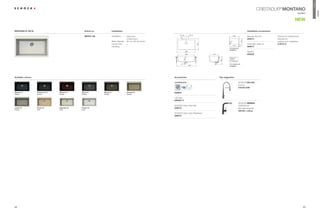 Premium
                                                                                                                                                                                                            CRISTADUR® MONTANO




                                                                                                                                                                                                                                                                    MONTANO
                                                                                                                                                                                                                                                modern


                                                                                                                                                                                                                                             NEW

MONTANO N-100 XL                                         Article no.             Installation                                                                                                   Installation accessories
                                                                                                                             101,6         101,6                               900
                                                         MON N 100               Installation:   topmount,                                                                                      Manual drain kit           Clamps for substructure




                                                                                                                              41
                                                                                                 undermount                                                                                     629314                     required for




                                                                                                                                                                                         510
                                                                                 Base Cabinet:   90 cm / 35.43 inches                                                      0                                               undermount installation
                                                                                                                                                                         R1




                                                                                                                                                   530
                                                                                 Corner Unit:    –                                                                                              Automatic drain kit        6.3016 / 6
                                                                                                                                                                               818     41
                                                                                 Handing:        –                                                                                              629313
                                                                                                                                                                        For topmount
                                                                                                                                                                        installation
                                                                                                                                     838                                                        Syphon
                                                                                                                                     768                 414                                    629229
                                                                                                                                                                         Measure-




                                                                                                                                   240
                                                                                                                                                                         ments




                                                                                                                                                               350
                                                                                                                                                                         on request

                                                                                                                                                                        For undermount
                                                                                                                                           900                          installation




Available colours                                                                                                       Accessories                            Tap suggestion

                                                                                                                        comfotouch                                                    SCHOCK PALLAS
                                                                                                                                                                                      chrome
                                                                                                                                                                                      516120 CHR

Magma (97)          Carbonium (90)   Marone (93)     Stone (88)        Bronze (87)               Oriental (96)          629830
Metallic            Metallic         Metallic        Metallic          Metallic                  Metallic

                                                                                                                        LED light
                                                                                                                        629024 / 3
                                                                                                                                                                                      SCHOCK NIMBUS
                                                                                                                        SCHOCK Easy Care Set                                          CRISTADUR®
Lucida (95)         Avorio (92)      Magnolia (89)   Polaris (99)                                                       629018                                                        with pull-out spout
Metallic            Solid            Solid           Solid
                                                                                                                                                                                      523120 + colour
                                                                                                                        SCHOCK Easy Care Brightener
                                                                                                                        629019




42                                                                                                                                                                                                                                                   43
 