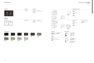 Premium
                                                                                                                                                                                                                                           CRISTADUR® ALIVE
                                                                                                                                                                                                                                                                      classic




ALIVE N-175                                              Article no.             Installation                                                                                                                        Installation accessories




                                                                                                                                       101,6
                                                                                                                                       101,6
                                                                                                                                       101,6
                                                                                                                               55,5
                                                         ALI N 175               Installation:   topmount                                                                                                            Manual drain kit
                                                                                                                                                  74,3
                                                                                 Base Cabinet:   90 cm / 35.43 inches                                                                                                629354




                                                                                                                                                                                        R1




                                                                                                                                                                                                                                                                                          ALIVE
                                                                                 Corner Unit:    –




                                                                                                                                                                                                           539
                                                                                                                                                                                           0
                                                                                                                                                  558,8
                                                                                 Handing:        –                                                                                                                   Automatic drain kit
                                                                                                                                                                                               818                   629349
                                                                                                                                                                                        For topmount
                                                                                                                                    838,2                                               installation                 Syphon
                                                                                                                                                                461                                                  629229
                                                                                                                             370            370                 410




                                                                                                                                            241




                                                                                                                                                                       349
ALIVE N-175
undermount                                                                                                                          838,2

                                                                                                                            419,1
                                                         ALI N 175 U             Installation:   undermount                                                                                                          Manual drain kit           Clamps for substructure
                                                                                 Base Cabinet:   90 cm / 35.43 inches                                                                                                629354                     required for




                                                                                                                                                    558,8
                                                                                 Corner Unit:    –                                                                                                                                              undermount installation




                                                                                                                                                  469,9
                                                                                 Handing:        –                                                                                                                   Automatic drain kit        6.3016 / 8
                                                                                                                                                                                                                     629349
                                                                                                                                   838,2
                                                                                                                                    786                                                            8
                                                                                                                            370             370
                                                                                                                                                                461                     388      R2 17               Syphon
                                                                                                                                                                 410                    R2        R
                                                                                                                                                                                           8                         629229




                                                                                                                                                                                                     8
                                                                                                                                                                                 478




                                                                                                                                                                                                           427
                                                                                                                                                                                                R2
                                                                                                                                                                                           8         R2




                                                                                                                                            241
                                                                                                                                                                                        R2             8




                                                                                                                                                                       349
                                                                                                                                                                                               786
                                                                                                                                                                                               900
                                                                                                                                    900
                                                                                                                                                                                       For undermount
                                                                                                                                                                                       installation




Available colours                                                                                                       Accessories                                          Tap suggestion

                                                                                                                                                   comfotouch                                              SCHOCK PIEGA
                                                                                                                                                   629830                                                  CRISTADUR®
                                                                                                                                                                                                           with pull-out spout
                                                                                                                                                                                                           547120 + colour
Magma (97)          Carbonium (90)   Marone (93)     Stone (88)        Bronze (87)               Oriental (96)          LED light
Metallic            Metallic         Metallic        Metallic          Metallic                  Metallic               629024

                                                                                                                        SCHOCK Easy Care Set                                                               SCHOCK MINO
                                                                                                                        629018                                                                             brushed stainless steel
                                                                                                                        SCHOCK Easy Care Brightener                                                        553120 MATT
Lucida (95)         Avorio (92)      Magnolia (89)   Polaris (99)                                                       629019
Metallic            Solid            Solid           Solid
                                                                                                                                                                                                           Polished stainless steel
                                                                                                                                                                                                           553120 GLANZ




70                                                                                                                                                                                                                                                                        71
 