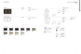Premium
                                                                                                                                                                                                                                          CRISTADUR® ALIVE
                                                                                                                                                                                                                                                                     classic




ALIVE N-200                                              Article no.             Installation                                                                                                                       Installation accessories




                                                                                                                                101,6
                                                                                                                                101,6
                                                                                                                                101,6
                                                         ALI N 200               Installation:   topmount                                                                                                           Manual drain kit




                                                                                                                           55
                                                                                 Base Cabinet:   90 cm / 35.43 inches                                                                                               629354




                                                                                                                                                                                           R1




                                                                                                                                                                                                                                                                                         ALIVE
                                                                                 Corner Unit:    –




                                                                                                                                                                                                          539
                                                                                                                                                                                              0
                                                                                                                                                       558,8
                                                                                 Handing:        –                                                                                                                  Automatic drain kit
                                                                                                                                                                                                  818               629349
                                                                                                                                                                                           For topmount
                                                                                                                                   838,2                                                   installation             Syphon
                                                                                                                           369,8        369,8                          416
                                                                                                                                                                                                                    629229




                                                                                                                                           241




                                                                                                                                                                             349
ALIVE N-200 undermount                                                                                                          838,2

                                                         ALI N 200 U             Installation:   undermount                                                                                                         Manual drain kit           Clamps for substructure
                                                                                 Base Cabinet:   90 cm / 35.43 inches                                                                                               629354                     required for




                                                                                                                                                               469,9
                                                                                 Corner Unit:    –                                                                                                                                             undermount installation
                                                                                 Handing:        –                                                                                                                  Automatic drain kit        6.3016 / 8
                                                                                                                                    838,2
                                                                                                                                                                                                                    629349

                                                                                                                            369,8            369,8                     416                                          Syphon




                                                                                                                                                                                           R2
                                                                                                                                                                                                                    629229




                                                                                                                                                                                                           432
                                                                                                                                                                                            8
                                                                                                                                                 241




                                                                                                                                                                             349
                                                                                                                                                                                                  786

                                                                                                                                                                                          For undermount
                                                                                                                                                                                          installation




Available colours                                                                                                       Accessories                                                Tap suggestion

                                                                                                                                                         comfotouch                                       SCHOCK PIEGA
                                                                                                                                                         629830                                           CRISTADUR®
                                                                                                                                                                                                          with pull-out spout
                                                                                                                                                                                                          547120 + colour
Magma (97)          Carbonium (90)   Marone (93)     Stone (88)        Bronze (87)               Oriental (96)          SCHOCK Easy Care Set
Metallic            Metallic         Metallic        Metallic          Metallic                  Metallic               629018
                                                                                                                        SCHOCK Easy Care Brightener
                                                                                                                        629019
                                                                                                                                                                                                          SCHOCK MINO
                                                                                                                                                                                                          brushed stainless steel
Lucida (95)         Avorio (92)      Magnolia (89)   Polaris (99)                                                                                                                                         553120 MATT
Metallic            Solid            Solid           Solid

                                                                                                                                                                                                          Polished stainless steel
                                                                                                                                                                                                          553120 GLANZ




72                                                                                                                                                                                                                                                                       73
 