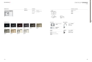 Premium
                                                                                                                                                                                                                             5,67$'85® GRANDO
                                                                                                                                                                                                                                           cottage




GRANDO M-100                                             Article no.             Installation                                                                                                                   Installation accessories




                                                                                                                                     110
                                                                                                                                     110
                                                         GRA M 100               Installation:   topmount                      155                                                                              $XWRPDWLFÃGUDLQÃNLW
                                                                                 Base Cabinet:   90 cm / 35.42 inches                                                                                           629306




                                                                                                                         109
                                                                                                 for Modules
                                                                                 RUQHUÃ8QLW)Ã                                                                                                                  6SKRQ




                                                                                                                                                        628
                                                                                                 –
                                                                                 Handing:        –                                                                                                              629229
                                                                                                                                            900

                                                                                                                                     425          249                   85,5 398,5




                                                                                                                                                  44


                                                                                                                                                        206




                                                                                                                                                                                      164
                                                                                                                                      249




                                                                                                                                                                                     409




                                                                                                                                                                                                                                                               GRANDO
Available colours                                                                                                       Accessories                                                  Tap suggestion

                                                                                                                                                        Chopping board, glass                         6+2.ÃHEKATE
                                                                                                                                                        629028                                        chrome
                                                                                                                                                                                                      524120 CHR



Magma (97)          Carbonium (90)   Marone (93)     Stone (88)        Bronze (87)               Oriental (96)
                                                                                                                                                        comfotouch
Metallic            Metallic         Metallic        Metallic          Metallic                  Metallic                                               629830


                                                                                                                        /('ÃOLJKWÃÃÃÃÃ                                                                6+2. PIEGA
                                                                                                                        629024                                                                        5,67$'85®
                                                                                                                                                                                                      with pull-out spout
                                                                                                                        6+2.Ã(DVÃDUHÃ6HW                                                          547120 + colour
Lucida (95)         Avorio (92)      Magnolia (89)   Polaris (99)
                                                                                                                        629018
Metallic            Solid            Solid           Solid                                                              6+2.Ã(DVÃDUHÃ%ULJKWHQHU
                                                                                                                        629019




104                                                                                                                                                                                                                                           105
 
