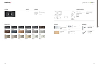 CITY
                                                                                                                                                                                                                                                                     modern




CITY N-200                                          Article no.                 Installation                                                                                                                 Installation accessories

                                                    CIT N 200                   Installation: topmount,                                                                                        600           Manual drain kit                  Clamps for substructure
                                                                                              undermount                                                                                                     629304                            required for




                                                                                                                                                                                         R1




                                                                                                                                                                                                       480
                                                                                Base Cabinet: 90 cm / 35.43 inches                                                                                                                             undermount installation




                                                                                                                                                                                          0
                                                                                                                                                444
                                                                                                                                                500
                                                                                RUQHUÃ8QLW)Ã –                                                                                               840            $XWRPDWLFÃGUDLQÃNLW               6.3016 / 4
                                                                                Handing:      reversible                                                                                                     629305
                                                                                                                                                                                        For topmount
                                                                                                                                  860                                                   installation
                                                                                                                          361           361                         445
                                                                                                                                                                                                             6SKRQ




                                                                                                                                10
                                                                                                                                                                                                             629229




                                                                                                                                                                                         R1




                                                                                                                                                                                                       486
                                                                                                                                                                                           0
                                                                                                                            195
                                                                                                                                  900                                                         846
                                                                                                                                                                                        For undermount
                                                                                                                                                                                        installation




Available colours                                                                                                    Accessories                                                                                                   Tap suggestion

                                                                                                                                              Chopping board, glass,                                 comfotouch                                     6+2.ÃZELOS




                                                                                                                                                                                                                                                                                Trend

                                                                                                                                                                                                                                                                                        CITY
                                                                                                                                              solid                                                  629830                                         polished stainless steel
                                                                                                                                              for topmount installation                                                                             552000 GLANZ
                                                                                                                                              629036
Nero (13)           Lava (40)    Onyx (10)      Inox (12)         Titanium (50)                 Mocha (63)                                    for undermount installation   /('ÃOLJKW
Solid               Structured   Metallic       Metallic          Metallic                      Solid
                                                                                                                                              629036U                       629024

                                                                                                                                              Chopping board,               6+2.Ã(DVÃDUHÃ6HW                                                    6+2. LEVA
                                                                                                                                              bamboo                        629018
                                                                                                                                              629044                        6+2.Ã(DVÃDUHÃ%ULJKWHQHU                                             511000 + colour
Copper (09)         Aqua (05)    Cayenne (11)   Croma (49)        Arena (47)                    Alumina (04)                                                                629019
Metallic            Solid        Metallic       Metallic          Structured                    Metallic




Sabbia (58)         Terra (38)   Pera (56)      Colorado (08)     Pietra (60)                   Alpina (07)
Structured          Structured   Structured     Solid             Metallic                      Structured




124                                                                                                                                                                                                                                                                       125
 