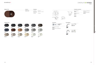 RONDA
                                                                                                                                                                                                                                                          modern




RONDA D-100 S                                       Article no.                 Installation                                                                                                              Installation accessories

                                                    RON D 100 S                 Installation:   topmount                        75     422                                                                Manual drain kit           Clamps for substructure




                                                                                                                           40
                                                                                                                                                                           R2
                                                                                Base Cabinet:   #$ÃFPÃÃ !ÃLQFKHV                                                         40                           629314                     required for
                                                                                RUQHUÃ8QLW)Ã




                                                                                                                                                                                                 480
                                                                                                –                                                                                                                                    undermount installation
                                                                                                                                                                                                          $XWRPDWLFÃGUDLQÃNLW




                                                                                                                                             500
                                                                                Handing:        reversible                                                                                                                           6.3016 / 7
                                                                                                                                                                                      770
                                                                                                                                                                                                          629313
                                                                                                                                                                                  For topmount
                                                                                                                                790                                               installation
                                                                                                                                                                                                          6SKRQ
                                                                                                                                       349                429                                             629229




                                                                                                                                      200




                                                                                                                                                                309
                                                                                                                                      450




Available colours                                                                                                      Accessories                                    Tap suggestion

                                                                                                                                             comfotouch                                          6+2.ÃTYROS
                                                                                                                                             629830                                              chrome
                                                                                                                                                                                                 594000 CHR




                                                                                                                                                                                                                                                                     Trend
Nero (13)           Lava (40)    Onyx (10)      Inox (12)         Titanium (50)                 Mocha (63)             6+2.Ã(DVÃDUHÃ6HW
Solid               Structured   Metallic       Metallic          Metallic                      Solid                  629018
                                                                                                                       6+2.Ã(DVÃDUHÃ%ULJKWHQHU
                                                                                                                       629019
                                                                                                                                                                                                 6+2.ÃSIMI




                                                                                                                                                                                                                                                                             RONDA
Copper (09)         Aqua (05)    Cayenne (11)   Croma (49)        Arena (47)                    Alumina (04)                                                                                     501000 + colour
Metallic            Solid        Metallic       Metallic          Structured                    Metallic




Sabbia (58)         Terra (38)   Pera (56)      Colorado (08)     Pietra (60)                   Alpina (07)
Structured          Structured   Structured     Solid             Metallic                      Solid




144                                                                                                                                                                                                                                                            145
 