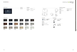 VIRTUS
                                                                                                                                                                                                                                                     modern




VIRTUS N-100 XL                                     Article no.                 Installation                                                                                                         Installation accessories

                                                                                                                            101,6         101,6                                      900
                                                    VIR N 100                   Installation:   topmount                                                                                             Manual drain kit           Clamps for substructure




                                                                                                                            41
                                                                                Base Cabinet:   90 cm / 35.43 inches                                                                                 629314                     required for
                                                                                RUQHUÃ8QLW)Ã




                                                                                                                                                                                               510
                                                                                                –                                                                                0                                              undermount installation
                                                                                                                                                                               R1
                                                                                Handing:        not reversible                                                                                       $XWRPDWLFÃGUDLQÃNLW




                                                                                                                                                    530
                                                                                                                                                                                                                                6.3016 / 6
                                                                                                                                                                                     818     41      629313
                                                                                                                                                                              For topmount
                                                                                                                                                                              installation
                                                                                                                                    838                                                              6SKRQ
                                                                                                                                    768                        414                                   629229
                                                                                                                                                                              Measure-




                                                                                                                                 240
                                                                                                                                                                              ments




                                                                                                                                                                     350
                                                                                                                                                                              on request

                                                                                                                                                                              For undermount
                                                                                                                                          900                                 installation




Available colours                                                                                                      Accessories                                   Tap suggestion

                                                                                                                                                  comfotouch                               6+2.ÃTYROS
                                                                                                                                                  629830                                   chrome
                                                                                                                                                                                           594000 CHR




                                                                                                                                                                                                                                                                Trend
Nero (13)           Lava (40)    Onyx (10)      Inox (12)         Titanium (50)                 Mocha (63)             /('ÃOLJKW
Solid               Structured   Metallic       Metallic          Metallic                      Solid                  629024 / 3

                                                                                                                       6+2.Ã(DVÃDUHÃ6HW
                                                                                                                       629018                                                              6+2.ÃSIMI
                                                                                                                       6+2.Ã(DVÃDUHÃ%ULJKWHQHU
Copper (09)         Aqua (05)    Cayenne (11)   Croma (49)        Arena (47)                    Alumina (04)           629019                                                              501000 + colour
Metallic            Solid        Metallic       Metallic          Structured                    Metallic




Sabbia (58)         Terra (38)   Pera (56)      Colorado (08)     Pietra (60)                   Alpina (07)
Structured          Structured   Structured     Solid             Metallic                      Solid




                                                                                                                                                                                                                                                                        VIRTUS
164                                                                                                                                                                                                                                                       165
 