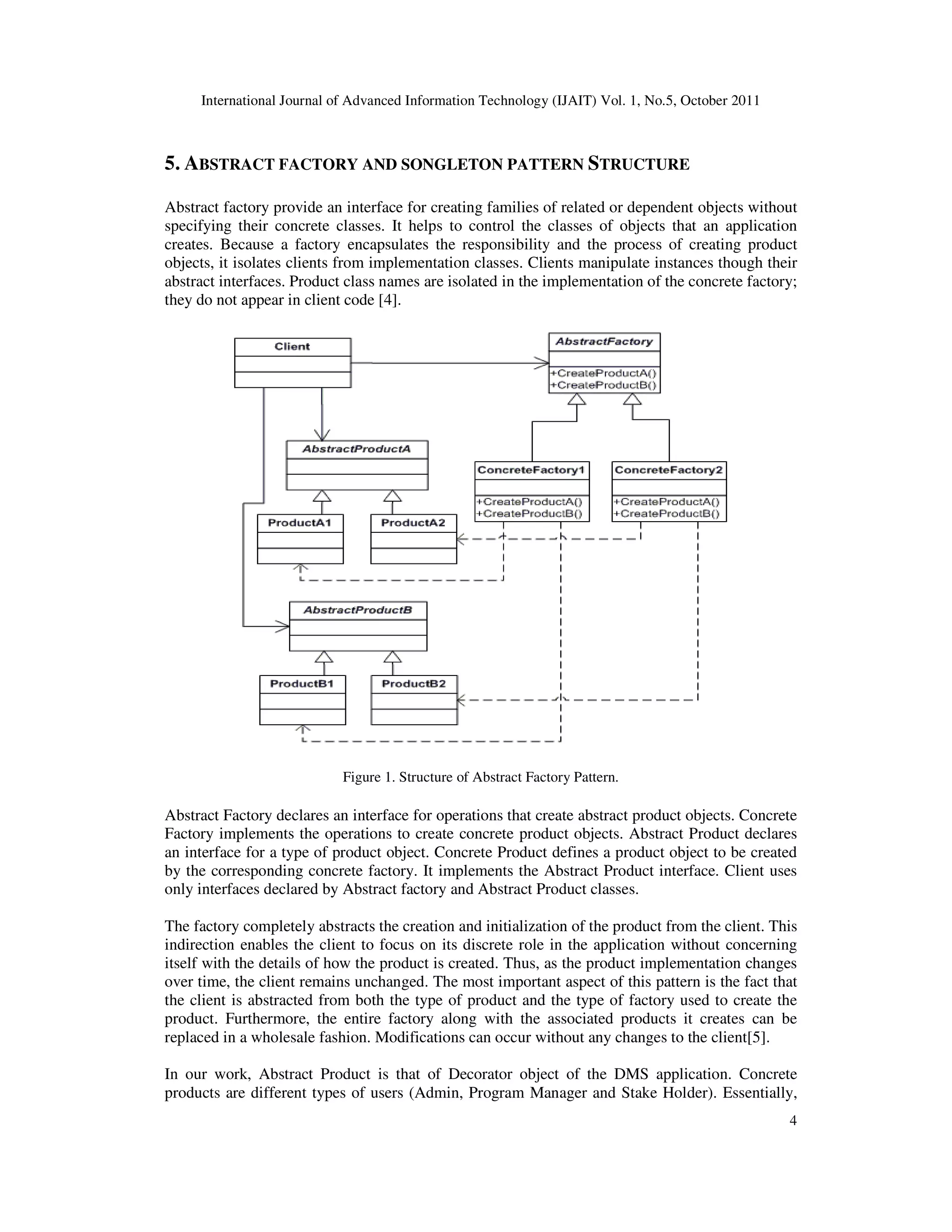 International Journal of Advanced Information Technology (IJAIT) Vol. 1, No.5, October 2011 4 5. ABSTRACT FACTORY AND SONGLETON PATTERN STRUCTURE Abstract factory provide an interface for creating families of related or dependent objects without specifying their concrete classes. It helps to control the classes of objects that an application creates. Because a factory encapsulates the responsibility and the process of creating product objects, it isolates clients from implementation classes. Clients manipulate instances though their abstract interfaces. Product class names are isolated in the implementation of the concrete factory; they do not appear in client code [4]. Figure 1. Structure of Abstract Factory Pattern. Abstract Factory declares an interface for operations that create abstract product objects. Concrete Factory implements the operations to create concrete product objects. Abstract Product declares an interface for a type of product object. Concrete Product defines a product object to be created by the corresponding concrete factory. It implements the Abstract Product interface. Client uses only interfaces declared by Abstract factory and Abstract Product classes. The factory completely abstracts the creation and initialization of the product from the client. This indirection enables the client to focus on its discrete role in the application without concerning itself with the details of how the product is created. Thus, as the product implementation changes over time, the client remains unchanged. The most important aspect of this pattern is the fact that the client is abstracted from both the type of product and the type of factory used to create the product. Furthermore, the entire factory along with the associated products it creates can be replaced in a wholesale fashion. Modifications can occur without any changes to the client[5]. In our work, Abstract Product is that of Decorator object of the DMS application. Concrete products are different types of users (Admin, Program Manager and Stake Holder). Essentially, 
