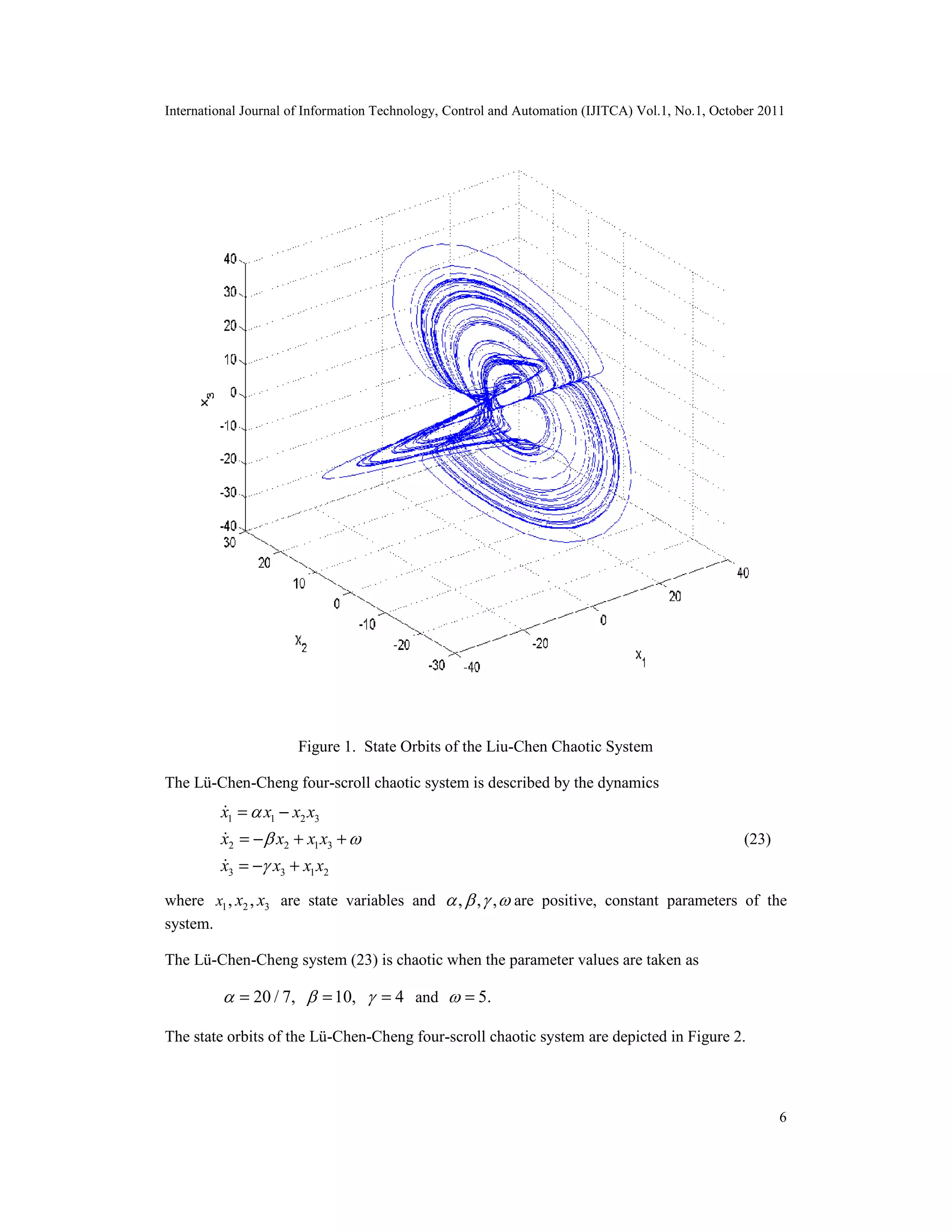 International Journal of Information Technology, Control and Automation (IJITCA) Vol.1, No.1, October 2011
6
Figure 1. State Orbits of the Liu-Chen Chaotic System
The Lü-Chen-Cheng four-scroll chaotic system is described by the dynamics
1 1 2 3
2 2 1 3
3 3 1 2
x x x x
x x x x
x x x x

 

= −
= − + +
= − +



(23)
where 1 2 3, ,x x x are state variables and , , ,    are positive, constant parameters of the
system.
The Lü-Chen-Cheng system (23) is chaotic when the parameter values are taken as
20 / 7, 10, 4  = = = and 5. =
The state orbits of the Lü-Chen-Cheng four-scroll chaotic system are depicted in Figure 2.
 