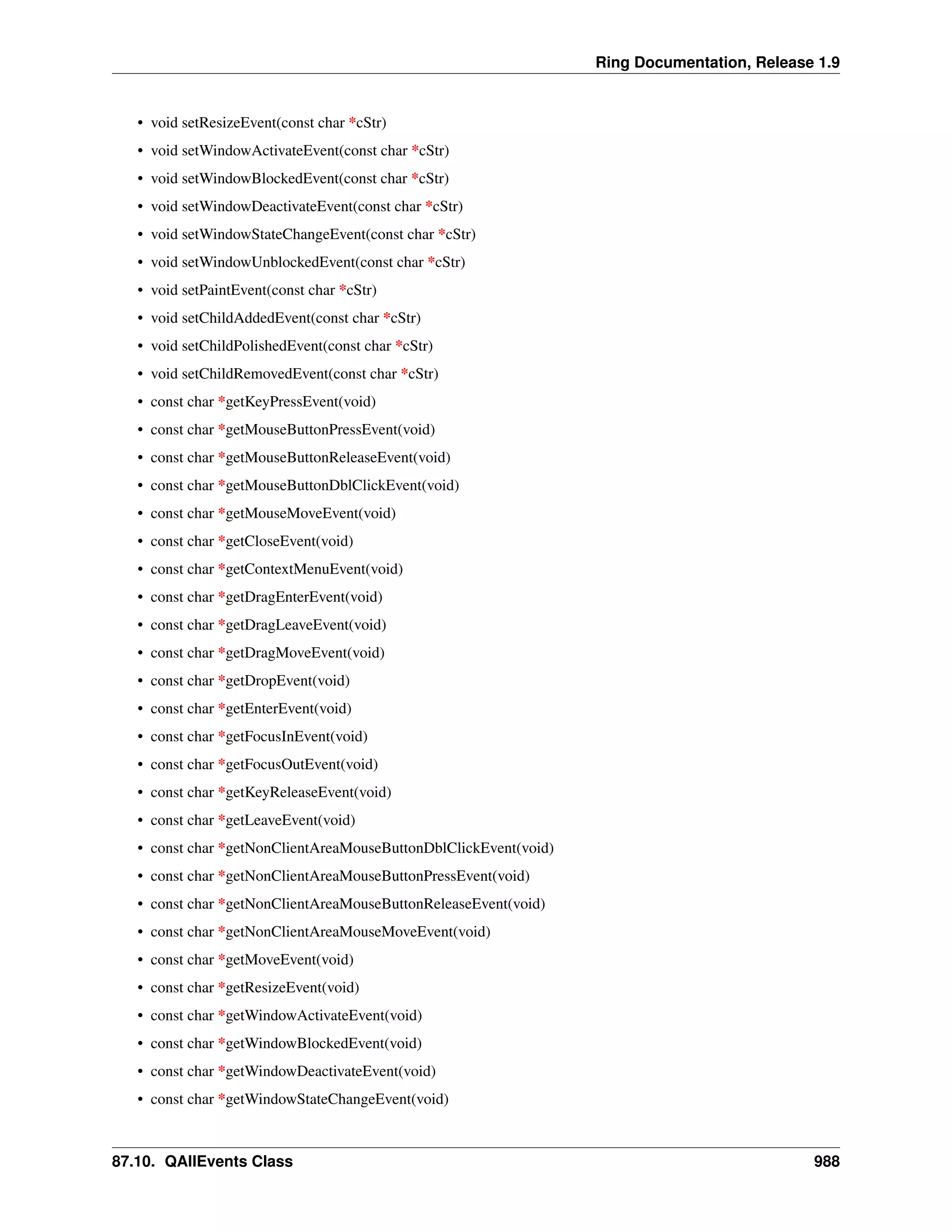 Ring Documentation, Release 1.9
• void setResizeEvent(const char *cStr)
• void setWindowActivateEvent(const char *cStr)
• void setWindowBlockedEvent(const char *cStr)
• void setWindowDeactivateEvent(const char *cStr)
• void setWindowStateChangeEvent(const char *cStr)
• void setWindowUnblockedEvent(const char *cStr)
• void setPaintEvent(const char *cStr)
• void setChildAddedEvent(const char *cStr)
• void setChildPolishedEvent(const char *cStr)
• void setChildRemovedEvent(const char *cStr)
• const char *getKeyPressEvent(void)
• const char *getMouseButtonPressEvent(void)
• const char *getMouseButtonReleaseEvent(void)
• const char *getMouseButtonDblClickEvent(void)
• const char *getMouseMoveEvent(void)
• const char *getCloseEvent(void)
• const char *getContextMenuEvent(void)
• const char *getDragEnterEvent(void)
• const char *getDragLeaveEvent(void)
• const char *getDragMoveEvent(void)
• const char *getDropEvent(void)
• const char *getEnterEvent(void)
• const char *getFocusInEvent(void)
• const char *getFocusOutEvent(void)
• const char *getKeyReleaseEvent(void)
• const char *getLeaveEvent(void)
• const char *getNonClientAreaMouseButtonDblClickEvent(void)
• const char *getNonClientAreaMouseButtonPressEvent(void)
• const char *getNonClientAreaMouseButtonReleaseEvent(void)
• const char *getNonClientAreaMouseMoveEvent(void)
• const char *getMoveEvent(void)
• const char *getResizeEvent(void)
• const char *getWindowActivateEvent(void)
• const char *getWindowBlockedEvent(void)
• const char *getWindowDeactivateEvent(void)
• const char *getWindowStateChangeEvent(void)
87.10. QAllEvents Class 988
 