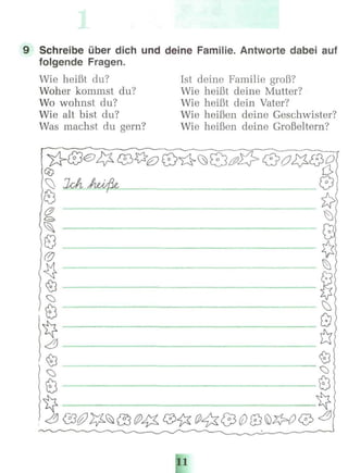 9 Schreibe über dich und deine Familie. Antworte dabei auf
folgende Fragen.
Wie heißt du?
Woher kommst du?
Wo wohnst du?
Wie alt bist du?
Was machst du gern?
Ist deine Familie groß?
Wie heißt deine Mutter?
Wie heißt dein Vater?
Wie heißen deine Geschwister?
Wie heißen deine Großeltern?
»
 