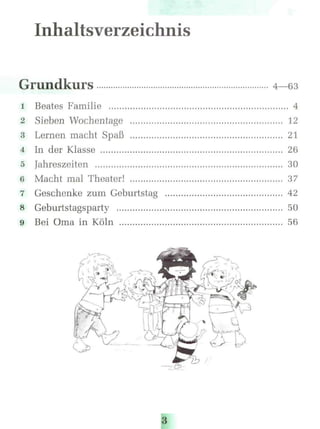 Inhaltsverzeichnis
Grundkurs 4—63
1 Beates Familie 4
2 Sieben Wochentage 12
3 Lernen macht Spaß 21
4 In der Klasse 26
5 Jahreszeiten 30
6 Macht mal Theater! 37
7 Geschenke zum Geburtstag 42
8 Geburtstagsparty 50
9 Bei Oma in Köln 56
з
 