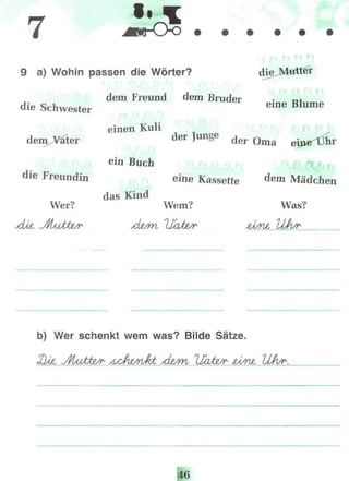 7/
9 a) Wohin passen die Wörter? dieJS4utter
*
dem Freund dem Bruder
die Schwester
dentaler
• meme Blume
einen Kuli
der Junge der Qma
ein Buch
die Freundin eine Kassette de
™ Mädchen
•
das Kind
Wer? Wem? Was?
UJvr-
b) Wer schenkt wem was? Bilde Sätze.
/d&m z/n&
 