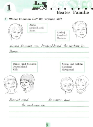 l Beates Familie
1 Woher kommen sie? Wo wohnen sie?
Anna
Deutschland
Bonn
/ША
Andrej
Russland
Moskau
( , t&rt.;
(f -V c_ .)
. ...$& woß/wt А
Daniel und Melanie
Deutschland
Köln
Xenia und Nikita
Russland
Nowgorod
/UM
 