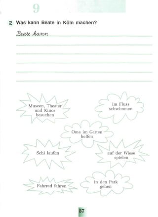 2 Was kann Beate in Köln machen?
Aa/n/n
Museen, Theater ^
und Kinos
besuchen
im Fluss
schwimmen
_s>JVFahrrad fahren
«stf^l«™«
Oma im Garten
helfen
auf der Wiese
spielen
in den Park
gehen
5,
 