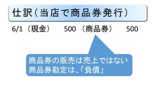 仕訳（当店で商品券発行）
6/1 （現金） 500 （商品券） 500
商品券の販売は売上ではない
商品券勘定は、「負債」
 