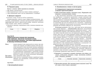 212 Усі уроки української мови в 10 класі. Профіль — українська філологія 213І семестр. Лексикологія української мови
IV. Підсумки уроку
Бесіда з учнями. Дайте відповіді на питання.
Що вивчає лексикологія?
Чим відрізняється слово від інших мовних одиниць?
Чим зумовлений поділ слів на повнозначні і службові?
V. Домашнє завдання
Складіть схему «Слово як об’єкт вивчення».
Охарактеризуйте «життя слова» добрий на фонетичному, лек-
сичному, словотвірному і лексико-синтаксичному рівнях (зробіть
орфографічний аналіз, фонетичний розбір, визначте значення
слова, будову слова, уведіть у речення).
Заповніть таблицю, порівнявши слово з іншими мовними оди-
ницями.
Слово Фонема Морфема
Урок № 43
СЕМАСІОЛОГІЯ ЯК УЧЕННЯ ПРО ЗНАЧЕННЯ
СЛІВ І ВИРАЗІВ. ЛЕКСИЧНЕ ЗНАЧЕННЯ СЛОВА.
ТИПИ ЛЕКСИЧНИХ ЗНАЧЕНЬ. СИСТЕМНІ ВІДНОШЕННЯ
В ЛЕКСИЦІ УКРАЇНСЬКОЇ МОВИ
Мета: подати відомості про семасіологію як науку про зна-
чення слів і виразів, поглибити знання учнів про лек-
сичне значення та типи лексичних значень; розвивати
уміння розрізняти лексичне та граматичне значення
слів, формувати навички визначати парадигматичні
та синтагматичні відношення в лексичній системі
української мови; виховувати любов до рідної мови,
відчуття її краси як основи естетичного виховання.
Тип уроку: урок засвоєння нових знань.
Обладнання: копії текстів, тлумачний словник української мови,
таблиця для заповнення, етимологічний словник
української мови.
ХІД УРОКУ
І. Організаційний момент
ІІ. Ознайомлення з темою та метою уроку
ІІІ. Усвідомлення теоретичного матеріалу
в процесі практичної роботи
1. Дайте визначення терміну «значення слова». Порівняйте свої
відповіді з думками різних учених.
1. Під лексичним значенням слова розуміється зміст слова,
що відображає в свідомості закріплене в ньому уявлення про
предмет, дію, властивість (С. Дорошенко). 2. Лексичним значен-
ням називаються співвіднесеність слова з предметами, явищами,
процесами, відношеннями, закономірностями реальної дійсності
та поняттями про них (З посібника). 3. І лексичне, і граматичне
значення є формами закріпленого суспільною практикою відоб-
раження об’єктивної дійсності (Л. Лисиченко).
Коментар учителя. Для того, щоб мова могла виконувати
свої основні функції — комунікативну (функцію спілкування)
і експресивну (функцію формування і вираження думок) — мало
номінативних одиниць. Для побудови речення, що, як відомо, яв-
ляє собою слово або групу слів, які виражають відносно закінчену
думку, мало того, що слова називають явища. Необхідно ще, щоб
у них були елементи, що відбивають відношення, у яких перебу-
вають явища дійсності. У зв’язку з такою складністю функцій,
які виконує слово, у ньому наявні два види значень — лексичне
і граматичне. В основі лексичного значення лежить історично за-
кріплена у свідомості людей співвідносність слова з певним яви-
щем дійсності. Ця співвідносність виробилась у суспільстві і пе-
редається ним усім членам мовного колективу.
Граматичним називається таке додаткове абстрагуюче зна-
чення, яке виражає різні відношення слова, що супроводять його
основний (лексичний) зміст. Граматичне значення забезпечує
здатність слова вступати в різні відношення з іншими словами
за законами граматики даної мови (Л. Лисиченко).
2. Випишіть із тлумачного словника значення слів азбука, вів-
сяний, глобальний, інтервал, клоун, малювати, розбага-
тіти. Заповніть таблицю.
Слово Лексичне значення Граматичне значення
3. Прочитайте речення. Які значення мають виділені слова? Чи
всі слова в тексті мають значення?
 