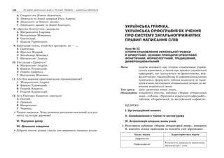 168 Усі уроки української мови в 10 класі. Профіль — українська філологія 169І семестр. Українська графіка
А Старого та Нового Заповітів.
Б Людської та божої природи Ісуса Христа.
В Людського та божого закону.
Г Людського закону та божої благодаті.
8. «Другим Златоустом» називали:
А Митрополита Іларіона.
Б Володимира Мономаха.
В Святослава.
Г Кирила Туровського.
9. Київський князь, який був оратором, це — …
А Святослав.
Б Ярослав Мудрий.
В Володимир Мономах.
Г Митрополит Іларіон.
10. Хто уклав «Хроніку»?
А Митрополит Іларіон.
Б Кирило Туровський.
В Георгій Амартол.
Г Володимир Мономах.
11. Хто був першим християнським проповідником?
А Митрополит Іларіон
Б Кирило Туровський.
В Георгій Амартол.
Г Георгій Хуровський.
12. Ім’я Григорія Амартола означало:
А Святий.
Б Грішник.
В Митрополит.
Г Чернець.
Творче завдання. Чому розвиток риторики важливий для роз-
витку культури держави?
VI. Підсумки уроку
VII. Домашнє завдання
Дібрати тексти різних стилів для виразного читання вголос.
УКРАЇНСЬКА ГРАФІКА.
УКРАЇНСЬКА ОРФОГРАФІЯ ЯК УЧЕННЯ
ПРО СИСТЕМУ ЗАГАЛЬНОПРИЙНЯТИХ
ПРАВИЛ НАПИСАННЯ СЛІВ
Урок № 32
ІСТОРІЯ СТАНОВЛЕННЯ УКРАЇНСЬКОЇ ГРАФІКИ
Й ОРФОГРАФІЇ. ОСНОВНІ ПРИНЦИПИ ОРФОГРАФІЇ:
ФОНЕТИЧНИЙ, МОРФОЛОГІЧНИЙ, ТРАДИЦІЙНИЙ,
ДИФЕРЕНЦІЮВАЛЬНИЙ
Мета: подати відомості про історію становлення україн-
ського правопису, а також про правила української
орфографії, що ґрунтуються на фонетичному, мор-
фологічному, традиційному й диференціювальному
принципах; формувати уміння визначати ці прин-
ципи в мові; виховувати пізнавальний інтерес до ви-
вчення української мови.
Тип уроку: урок засвоєння нових знань.
Обладнання: ксерокопії текстів, таблиця «Норми літературної
мови», таблиця «Принципи української орфографії»,
таблиця «Український та англійський алфавіти».
ХІД УРОКУ
І. Організаційний момент
ІІ. Ознайомлення з темою та метою уроку
ІІІ. Актуалізація опорних знань учнів
1. Розгляньте таблицю «Норми літературної мови», доповніть
її, наведіть кілька прикладів та поясніть свої міркування.
Назва норми Характеристика норми
Орфоепічні
Орфографічні
Регулюють правильне написання
звукосполук і слів
 