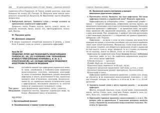 174 Усі уроки української мови в 10 класі. Профіль — українська філологія 175І семестр. Українська графіка
горнеться (Леся Українка). 4. Сивіла дощем далечінь, вода вже
блищала на шляху (О. Гончар). 5. Почалося нове життя запо-
розького козацтва (А. Кащенко). 6. Щасливому щастя (Народна
творчість).
3. Вибірковий диктант. Запишіть слова у чотири колонки за
принципами української орфографії.
Дзеркало, свято, Роман, зозуля, щастя, кожух, весна, ко-
зацький, молотьба, багач, земля, піч, сфотографувати, тижне-
вий, Квітка.
VІ. Підсумки уроку
VІІ. Домашнє завдання
З творів художньої літератури випишіть 5 речень, у яких
були б наявні слова на кожен з принципів орфографії.
Урок № 33
ПРАВОПИС ЛІТЕР, ЩО ПОЗНАЧАЮТЬ НЕНАГОЛОШЕНІ
ГОЛОСНІ [Е], [И], [О] У КОРЕНЯХ СЛІВ. ПОЗНАЧЕННЯ
М’ЯКОСТІ ПРИГОЛОСНИХ ЛІТЕРАМИ Ь, Я, Ю, Є, Ї;
СПОЛУЧЕННЯ ЙО, ЬО. СКЛАДНІ ВИПАДКИ ПРАВОПИСУ
АПОСТРОФА ТА ЗНАКА М’ЯКШЕННЯ
Мета: поглибити знання про орфограми української мови,
їх типи, ознайомити з особливостями правопису
ненаголошених голосних, вживання апострофу
та знаку м’якшення; формувати уміння знаходити
орфограму в тексті, розпізнавати її тип, правильно
вживати знак м’якшення, апостроф, буквосполу-
чення йо, ьо, правильно писати та вимовляти слова
з орфограмами; виховувати уважність та почуття
поваги до українського художнього слова.
Тип уроку: урок формування практичних умінь і навичок.
Обладнання: ксерокопії текстів, правопис української мови, та-
блиця «Вживання знаку м’якшення».
ХІД УРОКУ
І. Організаційний момент
ІІ. Ознайомлення з темою та метою уроку
ІІІ. Засвоєння нового матеріалу у процесі
виконання практичних завдань
1. Прочитайте тексти. Визначте, що таке орфограма. Які види
орфограм існують в українській мові? Наведіть приклади.
Орфографія (від гр. orthographio: orthos — правильний і grapho —
пишу) — історично сформована, уніфікована система правил, що
визначають написання слів згідно з усталеними нормами. Основним
поняттям правопису є орфограма — це правильне (таке, що відпо-
відає правилам або традиціям) написання, яке потрібно вибрати
з ряду можливим. Так, наприклад, у префіксі дієслова розпитати
з двох можливих варіантів с і з, спираючись на правило правопису,
вибираємо з (Н. Тоцька).
Орфограма — це місце у слові чи між словами, яке може бути
передане не одним, а кількома способами, але для якого прийнято
лише один спосіб написання. Наприклад, слово вгорі може писа-
тися разом і окремо, але обирається написання згідно з правилом
(в горі ведуть тунель; вгорі гримить); те ж у словах по-нашому
чи по нашому, земля чи Земля, хтось чи хто-небудь.
Орфограма як графічний знак буває буквена (буква) і небуквена
(рисочка, дефіс та ін.). За графічним вираженням розрізня-
ють шість видів орфограм:
1) буква (пишеш — кричиш);
2) дефіс (будь-що, по-нашому);
3) рисочка (знак переносу): во-дя-ний, на-ші;
4) пропуск (роздільне написання): над нами, у селі, з ним;
5) контакт (написання разом): трикутний, далекосхідний;
6) апостроф (п’ять).
Орфограми прийнято називати правилом: у словах село, живу,
це «букви е, и на позначення ненаголошених голосних», у сло-
вах четверо, чотири, це «букви о, е після ж, ч, ш» і т.д. (З під-
ручника).
2. Запишіть подані слова у шість окремих рядків — за видами
орфограм.
Життя, великий, сміється, гілля, полум’яний, схвильований,
земля, летіти, Сонце, льох, слов’яни, Роман, здоров’я, село, ку-
дись, будь-хто, південно-східний, півострів.
3. Пригадайте правила правопису ненаголошених е, и та о. Пе-
ревірте себе за правописом. У наведених реченнях знайдіть
слова з буквами на позначення ненаголошених голосних. По-
ясніть їх правопис.
 