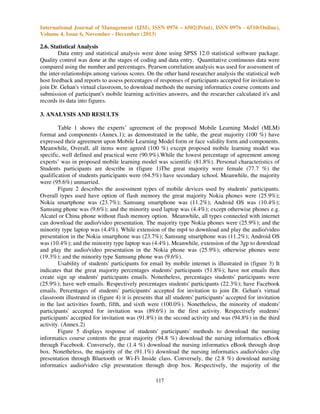 International Journal of Management (IJM), ISSN 0976 – 6502(Print), ISSN 0976 - 6510(Online),
Volume 4, Issue 6, November - December (2013)

2.6. Statistical Analysis
Data entry and statistical analysis were done using SPSS 12.0 statistical software package.
Quality control was done at the stages of coding and data entry. Quantitative continuous data were
compared using the number and percentages. Pearson correlation analysis was used for assessment of
the inter-relationships among various scores. On the other hand researcher analysis the statistical web
host feedback and reports to assess percentages of responses of participants accepted for invitation to
join Dr. Gehan's virtual classroom, to download methods the nursing informatics course contents and
submission of participant's mobile learning activities answers, and the researcher calculated it's and
records its data into figures.
3. ANALYSIS AND RESULTS
Table 1 shows the experts’ agreement of the proposed Mobile Learning Model (MLM)
format and components (Annex.1); as demonstrated in the table, the great majority (100 %) have
expressed their agreement upon Mobile Learning Model form or face validity form and components.
Meanwhile, Overall, all items were agreed (100 %) except proposed mobile learning model was
specific, well defined and practical were (90.9%).While the lowest percentage of agreement among
experts’ was in proposed mobile learning model was scientific (81.8%). Personal characteristics of
Students participants are describe in (figure 1)The great majority were female (77.7 %) the
qualification of students participants were (64.5%) have secondary school. Meanwhile, the majority
were (95.6%) unmarried.
Figure 2 describes the assessment types of mobile devices used by students' participants.
Overall types used have option of flash memory the great majority Nokia phones were (25.9%);
Nokia smartphone was (23.7%); Samsung smartphone was (11.2%); Android OS was (10.4%);
Samsung phone was (9.6%); and the minority used laptop was (4.4%); except otherwise phones e.g.
Alcatel or China phone without flash memory option. Meanwhile, all types connected with internet
can download the audio/video presentation. The majority type Nokia phones were (25.9%); and the
minority type laptop was (4.4%). While extension of the mp4 to download and play the audio/video
presentation in the Nokia smartphone was (23.7%); Samsung smartphone was (11.2%); Android OS
was (10.4%); and the minority type laptop was (4.4%). Meanwhile, extension of the 3gp to download
and play the audio/video presentation in the Nokia phone was (25.9%); otherwise phones were
(19.3%); and the minority type Samsung phone was (9.6%).
Usability of students' participants for email by mobile internet is illustrated in (figure 3) It
indicates that the great majority percentages students' participants (51.8%); have not emails then
create sign up students' participants emails. Nonetheless, percentages students' participants were
(25.9%); have web emails. Respectively percentages students' participants (22.3%); have Facebook
emails. Percentages of students' participants' accepted for invitation to join Dr. Gehan's virtual
classroom illustrated in (figure 4) it is presents that all students' participants' accepted for invitation
in the last activities fourth, fifth, and sixth were (100.0%). Nonetheless, the minority of students'
participants' accepted for invitation was (89.6%) in the first activity. Respectively students'
participants' accepted for invitation was (91.8%) in the second activity and was (94.8%) in the third
activity. (Annex.2)
Figure 5 displays response of students' participants' methods to download the nursing
informatics course contents the great majority (94.8 %) download the nursing informatics eBook
through Facebook. Conversely, the (1.4 %) download the nursing informatics eBook through drop
box. Nonetheless, the majority of the (91.1%) download the nursing informatics audio/video clip
presentation through Bluetooth or Wi-Fi Inside class. Conversely, the (2.8 %) download nursing
informatics audio/video clip presentation through drop box. Respectively, the majority of the
117

 