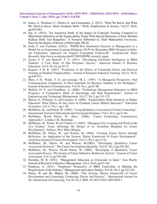 International Journal of Management (IJM), ISSN 0976 – 6502(Print), ISSN 0976 - 6510(Online), 
Volume 5, Issue 7, July (2014), pp. 73-80 © IAEME 
 
79 
 
18. James, S., Warhurst, C., Tholen, G. and Commander, J. (2013). What We Know And What 
We Need to Know About Graduate Skills. Work, Employment  Society, Vol.27, No.6, 
pp.952-963. 
19. Jog, A. (2013). An Analytical Study of the Impact of Corporate Training Compared to 
Mainstream Education on the Employability Today With Special Reference to Pune Mumbai 
Kolkata Delhi And Bangalore. A Synopsis Submitted to, Tilak Maharashtra University, 
Pune for the Degree of Doctor of Philosophy (Ph.D) 
20. Joshi, P. and Vachhani, J(2012). PGPM–Post Graduation Practices in Management as a 
Model for an Experiential Learning Pedagogy (ELP) for Degrading MBA Program in India: 
An Exploratory Approach for original Conceptual Framework Academia.edu Share 
Research. http://www.academia.edu/4575892/PGPM_research_paper 
21. Joyner, F. F. and Mann,D. T. Y. (2011). Developing Emotional Intelligence in MBA 
Students: A Case Study of One Program's Success. American Journal of Business 
Education, Vol.4, No.10, pp.59-72. 
22. Kagaari, J. R. K. (2007). Evaluation of the Effects of Vocational Choice and Practical 
Training on Students' Employability. Journal of European Industrial Training, Vol.31, No.6, 
pp.449-471. 
23. Maes, J. D., Weldy, T. G. and Icenogle, M. L. (1997). “A Managerial Perspective: Oral 
Communication Competency Is Most Important for Business Students in the Workplace”. 
Journal of Business Communication. Vol.34, No.1, pp.67-80 
24. Mallick, D. N. and Chaudhury, A. (2000). “Technology Management Education in MBA 
Programs: A Comparative Study of Knowledge and Skill Requirements”. Journal of 
Engineering and Technology Management. Vol.17, No.2, pp.153–173 
25. Mason, G., Williams, G. and Cranmer, S. (2009). Employability Skills Initiatives in Higher 
Education: What Effects do they have on Graduate Labour Market Outcomes? Education 
Economics, Vol.17, No.1. pp.1-30. 
26. McMahon, M., and Patton, W. (2002). “Using Qualitative Assessment in Career Counseling”. 
International Journal of Educational and Vocational Guidance, Vol.2, No.1, pp.51-66. 
27. McMahon, M.and Patton, W. (Eds.). (2006). “Career Counseling: Constructivist 
Approaches”. London, UK: Routledge. 
28. McMahon, M., Patton, W.and Tatham, P. (2003). “Managing Life, Learning and Work in the 
21st Century: Issues Informing the Design of an Australian Blueprint for Career 
Development”. Subiaco, WA: Miles Morgan. 
29. McMahon, M., Patton, W., and Watson, M. (2004). “Creating Career Stories through 
Reflection: An Application of the Systems Theory Framework of Career Development”. 
Australian Journal of Career Development, Vol.13, No.3, pp.13-16. 
30. McMahon, M., Patton, W. and Watson, M.(2003). “Developing Qualitative Career 
Assessment Processes”. The Career Development Quarterly, Vol.51, No.3, pp.194-202. 
31. McMahon, M., Watson, M.and Patton, W. (2005). “Developing A Qualitative Career 
Assessment Process: The System of Career Influences Reflection Activity”. Journal of Career 
Assessment, Vol.13, pp.476-490. 
32. Noronha, M. R. (2011). Management Education at Crossroads in India. Asia Pacific 
Journal of Research in Business Management, Vol.2, No.6, pp.87-101. 
33. Pandiyan, A. (2011). Employers' Perspective of MBA Curriculum in Meeting the 
Requirements of the Industry. Management and Labour Studies, Vol.36, No.2, pp.143-154. 
34. Patton, W and Mc Mahon, M. (2006). “The Systems Theory Framework of Career 
Development and Counseling: Connecting Theory and Practice”. International Journal for 
the Advancment of Counseling, Vol.28. No.3. DOI: 10.1007/s10447-005-9010-1 
 