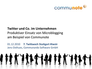 Twitter und Co. im Unternehmen
Produktiver Einsatz von Microblogging
am Beispiel von Communote
01.12.2010 7. Twittwoch Stuttgart #twstr
Jens Osthues, Communardo Software GmbH
 