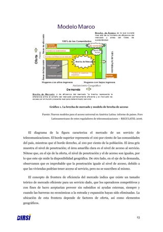 Gráfico 1. La brecha de mercado y modelo de brecha de acceso


               Fuente: Nuevos modelos para el acceso universal en América Latina: informe de países. Foro
                       Latinoamericano de entes reguladores de telecomunicaciones – REGULATEL 2006.




   El   diagrama     de    la   figura    caracteriza     el   mercado      de   un    servicio    de
telecomunicaciones. El borde superior representa el 100 por ciento de las comunidades
del país, mientras que el borde derecho, al 100 por ciento de la población. El área gris
muestra el nivel de penetración; el área amarilla clara es el nivel de acceso al servicio.
Nótese que, en el eje de la oferta, el nivel de penetración y el de acceso son iguales, por
lo que este eje mide la disponibilidad geográfica. De otro lado, en el eje de la demanda,
observamos que es improbable que la penetración iguale al nivel de acceso, debido a
que las viviendas podrían tener acceso al servicio, pero no se suscriben al mismo.

   El concepto de frontera de eficiencia del mercado indica que existe un tamaño
teórico de mercado eficiente para un servicio dado, que los operadores competitivos y
con fines de lucro aceptarían proveer sin subsidios ni ayudas externas, siempre y
cuando las barreras no económicas a la entrada y expansión hayan sido eliminadas. La
ubicación de esta frontera depende de factores de oferta, así como elementos
geográficos.



                                                                                                   13
 