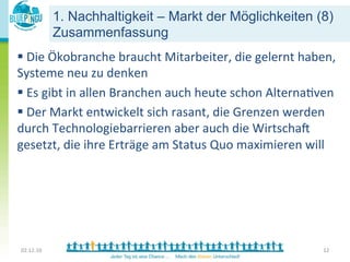 1.  Nachhaltigkeit – Markt der Möglichkeiten (8)
                Zusammenfassung
§ 	
  Die	
  Ökobranche	
  braucht	
  Mitarbeiter,	
  die	
  gelernt	
  haben,	
  
Systeme	
  neu	
  zu	
  denken	
  
§ 	
  Es	
  gibt	
  in	
  allen	
  Branchen	
  auch	
  heute	
  schon	
  Alterna<ven	
  
§ 	
  Der	
  Markt	
  entwickelt	
  sich	
  rasant,	
  die	
  Grenzen	
  werden	
  
durch	
  Technologiebarrieren	
  aber	
  auch	
  die	
  WirtschaT	
  
gesetzt,	
  die	
  ihre	
  Erträge	
  am	
  Status	
  Quo	
  maximieren	
  will	
  




 02.12.10	
                                                                         12	
  
 