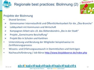 Regionale best practices: BioInnung (2)	
  

       	
  
Projekte	
  der	
  BioInnung	
  
• 	
   Shared	
  Services:	
  
     Ø  	
  Gemeinsamer	
  InternetauTrie	
  und	
  Öﬀentlichkeitsarbeit	
  für	
  die	
  „Öko-­‐Branche“	
  
                                                                                                          	
  
     	
  
     Ø  Lobbyarbeit	
  mit	
  Kommunen	
  und	
  WirtschaT	
  	
  
     Ø  Kampagnen	
  Arbeit	
  wie	
  z.B.	
  das	
  Ak<onsbündnis	
  „Bio	
  in	
  der	
  Stadt“	
  
     Ø  Projekt	
  „Gemeinsame	
  Beschaﬀung“	
  
     Ø  Projekt	
  Bio	
  in	
  Schulen	
  und	
  Kan<nen	
  
•         Unterstützung	
  und	
  Beratung	
  der	
  Mitglieder	
  beispielsweise	
  im	
  
          Zer<ﬁzierungsprozess	
  
•         Wissens-­‐	
  und	
  Erfahrungsaustausch	
  in	
  Stamm<schen	
  und	
  Vorträgen	
  	
  
•         Nachwuchsförderung	
  /	
  Job-­‐Börse	
  hep://www.biojobboerse.de/index.php	
  
	
  


  02.12.10	
                                                                                          14	
  
 