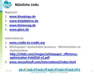 Nützliche	
  Links	
  
Regional:	
  
1.  www.bluepingu.de	
  
2.  www.biojobbörse.de	
  
3.  www.bioinnung.de	
  
4.  www.glore.de	
  
	
  
Interna*onal:	
  
1.  www.cradle-­‐to-­‐cradle.org	
  
2.  Whitepaper:	
  Sustainable	
  Business	
  -­‐	
  Minimiza*on	
  vs.	
  
     Op*miza*on	
  
     h:p://mbdc.com/images/whitepaper_eﬃciency-­‐
     op*miza*on-­‐Feb2010-­‐v2.pdf	
  
3.  www.storyofstuﬀ.com/interna*onal/index.html	
  

 02.12.10	
                                                                   21	
  
 