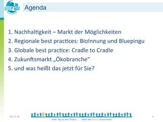 Agenda

	
  
1. 	
  Nachhal<gkeit	
  –	
  Markt	
  der	
  Möglichkeiten	
  
2. 	
  Regionale	
  best	
  prac<ces:	
  BioInnung	
  und	
  Bluepingu	
  
3. 	
  Globale	
  best	
  prac<ce:	
  Cradle	
  to	
  Cradle	
  
4. 	
  ZukunTsmarkt	
  „Ökobranche“	
  
5. 	
  und	
  was	
  heißt	
  das	
  jetzt	
  für	
  Sie?	
  




02.12.10	
                                                                   3	
  
 