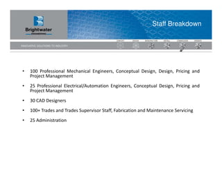 Staff Breakdown




•   100 Professional Mechanical Engineers, Conceptual Design, Design, Pricing and
    Project Management
•   25 Professional Electrical/Automation Engineers, Conceptual Design, Pricing and
    Project Management
•   30 CAD Designers
•   100+ Trades and Trades Supervisor Staff, Fabrication and Maintenance Servicing
•   25 Administration
 