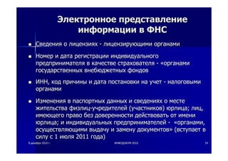 88 декабрядекабря 20102010 гг.. ИНФОДОКУМИНФОДОКУМ--20102010 2424
ЭлектронноеЭлектронное представлениепредставление
информацииинформации вв ФНСФНС
СведенияСведения оо лицензияхлицензиях -- лицензирующимилицензирующими органамиорганами
НомерНомер ии датадата регистрациирегистрации индивидуальногоиндивидуального
предпринимателяпредпринимателя вв качествекачестве страхователястрахователя -- ««органамиорганами
государственныхгосударственных внебюджетныхвнебюджетных фондовфондов
ИННИНН,, кодкод причиныпричины ии датадата постановкипостановки нана учетучет -- налоговыминалоговыми
органамиорганами
ИзмененияИзменения вв паспортныхпаспортных данныхданных ии сведенияхсведениях оо местеместе
жительстважительства физлицфизлиц--учредителейучредителей ((участниковучастников)) юрлицаюрлица;; лицлиц,,
имеющегоимеющего правоправо безбез доверенностидоверенности действоватьдействовать отот имениимени
юрлицаюрлица;; ии индивидуальныхиндивидуальных предпринимателейпредпринимателей -- ««органамиорганами,,
осуществляющимиосуществляющими выдачувыдачу ии заменузамену документовдокументов»» ((вступаетвступает вв
силусилу сс 11 июляиюля 20112011 годагода))
 