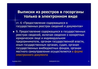 88 декабрядекабря 20102010 гг.. ИНФОДОКУМИНФОДОКУМ--20102010 2525
ВыпискиВыписки изиз реестровреестров вв госорганыгосорганы
толькотолько вв электронномэлектронном видевиде
стст. 6. 6 ««ПредоставлениеПредоставление содержащихсясодержащихся вв
государственныхгосударственных реестрахреестрах сведенийсведений ии документовдокументов»»
9.9. ПредоставлениеПредоставление содержащихсясодержащихся вв государственныхгосударственных
реестрахреестрах сведенийсведений,, включаявключая сведениясведения оо конкретныхконкретных
юридическомюридическом лицелице ии индивидуальноминдивидуальном
предпринимателепредпринимателе,, органаморганам государственнойгосударственной властивласти,,
иныминым государственнымгосударственным органаморганам,, судамсудам,, органаморганам
государственныхгосударственных внебюджетныхвнебюджетных фондовфондов,, органаморганам
местногоместного самоуправлениясамоуправления осуществляетсяосуществляется вв формеформе
электронногоэлектронного документадокумента
 