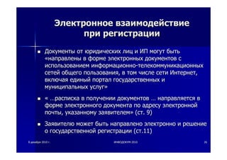88 декабрядекабря 20102010 гг.. ИНФОДОКУМИНФОДОКУМ--20102010 2626
ЭлектронноеЭлектронное взаимодействиевзаимодействие
припри регистрациирегистрации
ДокументыДокументы отот юридическихюридических лицлиц ии ИПИП могутмогут бытьбыть
««направленынаправлены вв формеформе электронныхэлектронных документовдокументов сс
использованиемиспользованием информационноинформационно--телекоммуникационныхтелекоммуникационных
сетейсетей общегообщего пользованияпользования,, вв томтом числечисле сетисети ИнтернетИнтернет,,
включаявключая единыйединый порталпортал государственныхгосударственных ии
муниципальныхмуниципальных услугуслуг»»
«« ……распискарасписка вв полученииполучении документовдокументов …… направляетсянаправляется вв
формеформе электронногоэлектронного документадокумента попо адресуадресу электроннойэлектронной
почтыпочты,, указанномууказанному заявителемзаявителем»» ((стст. 9). 9)
ЗаявителюЗаявителю можетможет бытьбыть направленонаправлено электронноэлектронно ии решениерешение
оо государственнойгосударственной регистрациирегистрации ((стст.11).11)
 