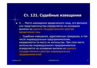 88 декабрядекабря 20102010 гг.. ИНФОДОКУМИНФОДОКУМ--20102010 3131
СтСт. 121.. 121. СудебныеСудебные извещенияизвещения
4.4. …… МестоМесто нахождениянахождения юридическогоюридического лицалица,, егоего филиалафилиала
илиили представительствапредставительства определяетсяопределяется нана основанииосновании
выпискивыписки изиз единогоединого государственногогосударственного реестрареестра
юридическихюридических лицлиц..
…… СудебныеСудебные извещенияизвещения,, адресованныеадресованные гражданамгражданам,, вв томтом
числечисле индивидуальныминдивидуальным предпринимателямпредпринимателям,,
направляютсянаправляются попо местуместу ихих жительстважительства.. ПриПри этомэтом местоместо
жительстважительства индивидуальногоиндивидуального предпринимателяпредпринимателя
определяетсяопределяется нана основанииосновании выпискивыписки изиз единогоединого
государственногогосударственного реестрареестра индивидуальныхиндивидуальных
предпринимателейпредпринимателей
 