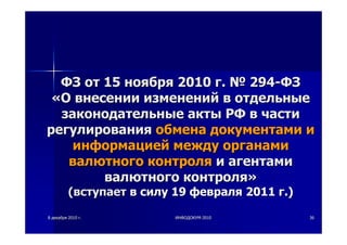 88 декабрядекабря 20102010 гг.. ИНФОДОКУМИНФОДОКУМ--20102010 3636
ФЗФЗ отот 1515 ноябряноября 20102010 гг.. №№ 294294--ФЗФЗ
««ОО внесениивнесении измененийизменений вв отдельныеотдельные
законодательныезаконодательные актыакты РФРФ вв частичасти
регулированиярегулирования обменаобмена документамидокументами ии
информациейинформацией междумежду органамиорганами
валютноговалютного контроляконтроля ии агентамиагентами
валютноговалютного контроляконтроля»»
((вступаетвступает вв силусилу 1919 февраляфевраля 20112011 гг.).)
 