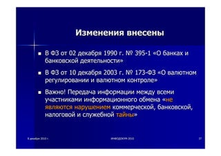 88 декабрядекабря 20102010 гг.. ИНФОДОКУМИНФОДОКУМ--20102010 3737
ИзмененияИзменения внесенывнесены
ВВ ФЗФЗ отот 0202 декабрядекабря 19901990 гг.. №№ 395395--11 ««ОО банкахбанках ии
банковскойбанковской деятельностидеятельности»»
ВВ ФЗФЗ отот 1010 декабрядекабря 20032003 гг.. №№ 173173--ФЗФЗ ««ОО валютномвалютном
регулированиирегулировании ии валютномвалютном контролеконтроле»»
ВажноВажно!! ПередачаПередача информацииинформации междумежду всемивсеми
участникамиучастниками информационногоинформационного обменаобмена ««нене
являютсяявляются нарушениемнарушением коммерческойкоммерческой,, банковскойбанковской,,
налоговойналоговой ии служебнойслужебной тайнытайны»»
 