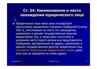 88 декабрядекабря 20102010 гг.. ИНФОДОКУМИНФОДОКУМ--20102010 5353
СтСт. 54.. 54. НаименованиеНаименование ии местоместо
нахождениянахождения юридическогоюридического лицалица
ЮридическоеЮридическое лицолицо несетнесет рискриск последствийпоследствий
неполучениянеполучения юридическиюридически значимыхзначимых сообщенийсообщений ((статьястатья
165165--1),1), поступившихпоступивших попо местуместу егоего нахождениянахождения,,
указанномууказанному вв единомедином государственномгосударственном реестререестре
юридическихюридических лицлиц,, аа такжетакже рискриск отсутствияотсутствия вв
указанномуказанном местеместе своегосвоего органаоргана илиили представителяпредставителя..
СообщенияСообщения,, доставленныедоставленные попо адресуадресу,, указанномууказанному вв
единомедином государственномгосударственном реестререестре юридическихюридических лицлиц,,
считаютсясчитаются полученнымиполученными юридическимюридическим лицомлицом,, дажедаже
еслиесли онооно нене находитсянаходится попо этомуэтому адресуадресу
 