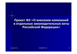 88 декабрядекабря 20102010 гг.. ИНФОДОКУМИНФОДОКУМ--20102010 5555
ПроектПроект ФЗФЗ ««ОО внесениивнесении измененийизменений
вв отдельныеотдельные законодательныезаконодательные актыакты
РоссийскойРоссийской ФедерацииФедерации»»
 