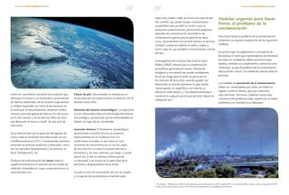 VIVASALUDNOVIEMBREDICIEMBRE VIVASALUDNOVIEMBREDICIEMBRE
existe un crecimiento constante de sustancias que
destruyen el ozono en la estratosfera, provenientes
de fuentes industriales, de los aviones supersónicos
y cohetes espaciales, así como de las bacterias en
el suelo que, al descomponerse, producen óxidos
nitrosos, principal agente de destrucción del ozono
en el ciclo natural, y de los átomos libres de cloro,
que destruyen el ozono a través de una serie de
reacciones.
Se ha demostrado que la aparición del agujero de
ozono sobre la Antártida está relacionada con los
clorofluorocarbonos (CFC), componentes químicos
presentes en diversos productos comerciales, como
son los aerosoles (desodorantes), las pinturas, el
freón (refrigerante), etc.
El efecto de la disminución del ozono sobre la
superficie terrestre es el aumento de los niveles de
radiación ultravioleta-B, cuyas consecuencias en la
salud humana son:
Cáncer de piel. Denominado no-melanoma, es
ocasionado por las exposiciones a la radiación UV-B
durante varios años.
Deterioro del sistema inmunológico. La exposición
a la luz ultravioleta reduce la efectividad del sistema
inmunológico, provocando que las enfermedades se
toleren, en lugar de ser combatidas.
Inversión térmica. El fenómeno climatológico
denominado inversión térmica se presenta
habitualmente en las mañanas frías. En
condiciones normales, el aire tiene un ciclo
constante de movimiento en el cual las capas
de aire más frío circulan en la parte alta de la
atmósfera y, las más calientes, por abajo. Cuando
sale el sol, el aire se calienta, disminuyendo
su densidad, y se mueve en la parte baja de la
atmósfera, desplazándose hacia arriba.
Cuando el ciclo de movimiento del aire no sucede
y la capa de aire se estaciona a nivel del suelo
Medidas urgentes para hacer
frente al problema de la
contaminación
Para hacer frente al problema de la contaminación
ambiental, se requiere la aplicación de las siguientes
medidas:
En primer lugar, los gobernantes y tomadores de
decisiones, en tanto que representantes del bienestar
de todos los ciudadanos, deben promover leyes
severas, controlar su cumplimiento y sancionar a los
infractores, ya que el problema de la contaminación
afecta el bien común y la calidad de vida de todas las
personas.
Las medidas de prevención de la contaminación
deben ser contempladas por todos, en todos los
lugares y todo el tiempo, para que realmente
sean efectivas. Asimismo, debemos tomar más
conciencia del problema, exigir respeto por el medio
ambiente y no contribuir a su deterioro.
sobre una ciudad o valle, se forma una capa de aire
frío, inmóvil, que puede atrapar contaminantes
suspendidos que ya estén en el aire o que se
produzcan posteriormente, provocando peligrosos
episodios de contaminación atmosférica, de
consecuencias graves para la salud de los seres
vivos. Generalmente, la inversión térmica se termina
(rompe) cuando se calienta el suelo y vuelve a
emitir calor, lo cual restablece el movimiento normal
del aire.
Investigadores del Instituto Nacional de Salud
Pública (INSP) afirman que la contaminación
atmosférica generada por ozono, dióxido de
nitrógeno y micropartículas puede considerarse
factor de riesgo para la salud, en particular en
los menores de doce años, quienes pueden ver
disminuida su función pulmonar, lo que resulta
“preocupante, en específico si se trata de un
efecto en niños sanos”, y “nos debería estimular a
sumarnos a cualquier acción que permita mejorar la
calidad del aire”. 1
1. Poy Solano L. “Menores de 12 años, los más afectados por la contaminación en el DF: expertos INSP”. La Jornada, Sociedad y Justicia, jueves 16 de agosto de 2007.
En línea: http://www.jornada.unam.mx/2007/08/16/index.php?section=sociedad&article=039n1soc
 