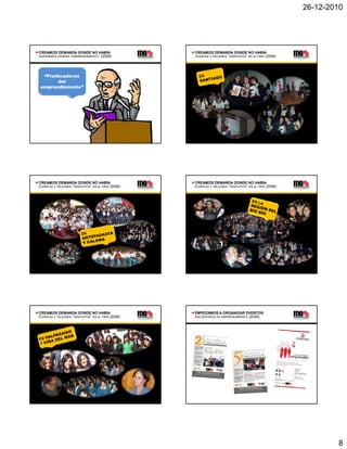 26-12-2010




CREAMOS DEMANDA DONDE NO HABÍA                     CREAMOS DEMANDA DONDE NO HABÍA
QUERÍAMOS VENDER “EMPRENDIMIENTO” (2006)           CHARLAS Y TALLERES “GRATUITOS” EN EL PAÍS (2006)




  “Predicadores
       del
 emprendimiento”




CREAMOS DEMANDA DONDE NO HABÍA                     CREAMOS DEMANDA DONDE NO HABÍA
CHARLAS Y TALLERES “GRATUITOS” EN EL PAÍS (2006)   CHARLAS Y TALLERES “GRATUITOS” EN EL PAÍS (2006)




CREAMOS DEMANDA DONDE NO HABÍA                     EMPEZAMOS A ORGANIZAR EVENTOS
CHARLAS Y TALLERES “GRATUITOS” EN EL PAÍS (2006)   ENCUENTROS DE EMPRENDIMIENTO (2006)




                                                                                                              8
 