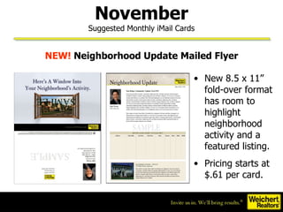 New 8.5 x 11” fold-over format has room to highlight neighborhood activity and a featured listing. Pricing starts at $.61 per card. November Suggested Monthly iMail Cards NEW!  Neighborhood Update Mailed Flyer 