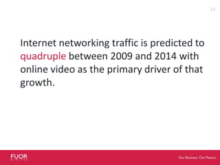 Internet networking traffic is predicted to quadruple between 2009 and 2014 with online video as the primary driver of that growth.14Cisco Systems Annual Visual Networking Index Forecast, 2010