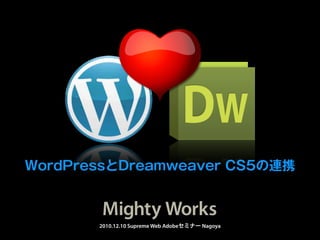 WordPressとDreamweaver CS5の連携



       2010.12.10 Supreme Web Adobeセミナー Nagoya
 
