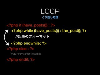 LOOP
                   くり返し処理

<?php if (have_posts()) : ?>
  <?php while (have_posts()) : the_post(); ?>
     //記事のフォーマット
  <?php endwhile; ?>
<?php else : ?>
  //コンテンツがない時の表示

<?php endif; ?>
 