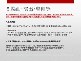 Re:animationはステージ上のDJが楽曲を選んで流し音楽にあわせて踊るイベントです。
また、開催中の警備に充分なスタッフを配置し万全の体制を構築します。
1.使用楽曲
主題歌だけでなくアニメカルチャーを広い視野で捕らえた関連楽曲をにDJが選曲します。
使用楽曲例）
アニメーション主題歌・挿入歌／サウンドトラック／J-POP／ロック／ダンスミュージック
ファンの手によるアニメ主題歌などのリミックス楽曲／インディーズ音楽 その他
2.誘導・警備体制について（詳細は別紙「Re:animation警備計画」参照）
会場周辺の通行の妨げにならないよう、有資格警備員の他に常時4名以上の
サポート警備スタッフが有資格警備員の傘下に入り広場周辺の雑踏警備や、
トラブルの未然防止、体調不良者の対応に当たります。
5 楽曲・演出・警備等
 