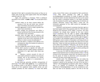 9
deprived of their right to procedural due process as they can no
longer avail of the two tiered appeal which they had allegedly
acquired under R.A. 7975.
Again, this contention is erroneous. There is nothing ex
post facto in R.A. 8249. In Calder v. Bull,[42]
an ex post facto law is
one –
(a)which makes an act done criminal before the
passing of the law and which was innocent
when committed, and punishes such action; or
(b) which aggravates a crime or makes it greater that
when it was committed; or
(c) which changes the punishment and inflicts a
greater punishment than the law annexed to the
crime when it was committed,
(d) which alters the legal rules of evidence and
receives less or different testimony than the law
required at the time of the commission of the
offense in order to convict the defendant.[43]
(e) Every law which, in relation to the offense or its
consequences, alters the situation of a person to
his disadvantage.[44]
This Court added two more to the list, namely:
(f) that which assumes to regulate civil rights and
remedies only but in effect imposes a penalty or
deprivation of a right which when done was
lawful;
(g) deprives a person accused of crime of
some lawful protection to which he has become
entitled, such as the protection of a former
conviction or acquittal, or a proclamation of
amnesty.[45]
Ex post facto law, generally, prohibits retrospectivity of
penal laws.[46]
R.A. 8249 is not a penal law. It is a substantive law
on jurisdiction which is not penal in character. Penal laws are
those acts of the Legislature which prohibit certain acts and
establish penalties for their violations;[47]
or those that define
crimes, treat of their nature, and provide for their punishment.
[48]
R.A. 7975, which amended P.D. 1606 as regards
the Sandiganbayan’s jurisdiction, its mode of appeal and other
procedural matters, has been declared by the Court as not a penal
law, but clearly a procedural statute, i.e. one which prescribes
rules of procedure by which courts applying laws of all kinds can
properly administer justice.[49]
Not being a penal law, the
retroactive application of R.A. 8249 cannot be challenged as
unconstitutional.
Petitioner’s and intervenor’s contention that their right to a
two-tiered appeal which they acquired under R.A. 7975 has been
diluted by the enactment of R.A. 8249, is incorrect. The same
contention has already been rejected by the court several
times[50]
considering that the right to appeal is not a natural
right but statutory in nature that can be regulated by law. The
mode of procedure provided for in the statutory right of appeal is
not included in the prohibition against ex post facto laws.[51]
R.A.
8249 pertains only to matters of procedure, and being merely an
amendatory statute it does not partake the nature of an ex post
facto law. It does not mete out a penalty and, therefore, does not
come within the prohibition.[52]
Moreover, the law did not alter
the rules of evidence or the mode of trial.[53]
It has been ruled that
adjective statutes may be made applicable to actions pending and
unresolved at the time of their passage.[54]
In any case, R.A. 8249 has preserved the accused’s right to
appeal to the Supreme Court to review questions of law.[55]
On the
removal of the intermediate review facts, the Supreme Court still
has the power of review to determine if the presumption of
innocence has been convincingly overcome.[56]
Another point. The challenged law does not violate the
one-title-one-subject provisions of the Constitution. Much
emphasis is placed on the wording in the title of the law that it
“defines” the Sandiganbayan jurisdiction when what it allegedly
does is to “expand” its jurisdiction. The expansion in the
jurisdiction of theSandiganbayan, if it can be considered as such,
does not have to be expressly stated in the title of the law
 